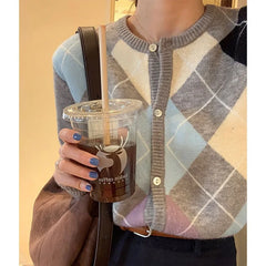 Yipinpay Autumn And Winter Fashion Ladies New Knitted Cardigan Loose Korean Retro Round Neck Plaid Sweater Women's All-match Blouse