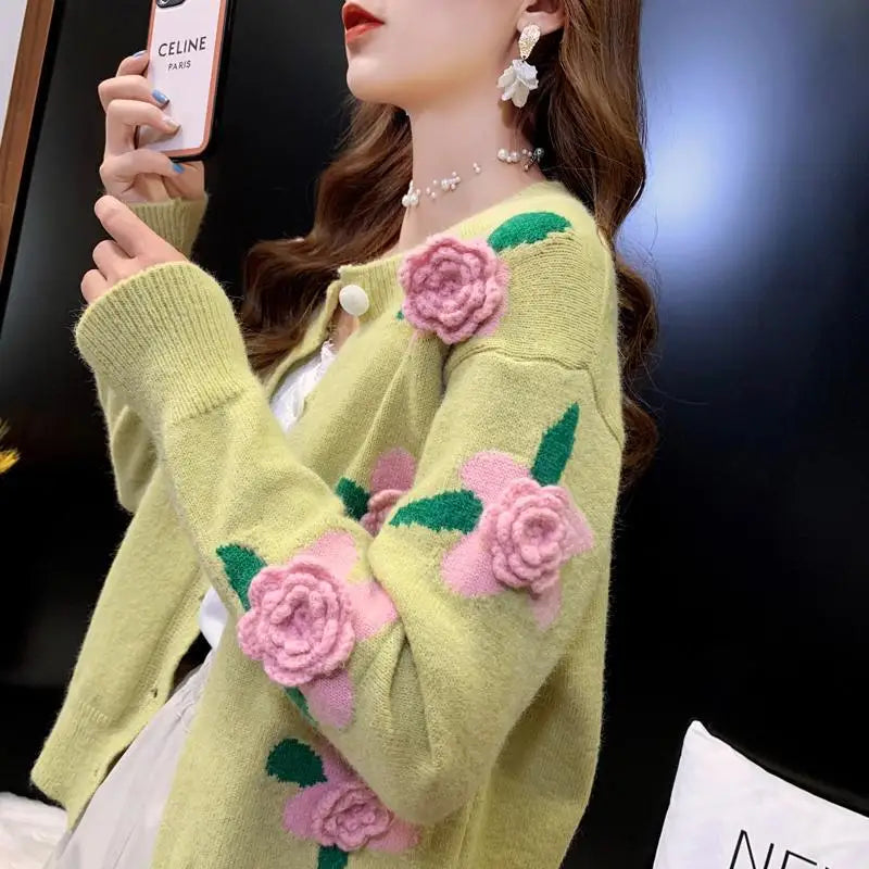 Yipinpay Female 2024 Spring and Autumn Knitwear Women Heavy Industry Rose Blossom Embroidery Contrast Sweater Coat Cardigan