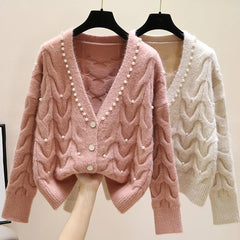 Yipinpay new fashion all-match knitted outer wear sweater Sweet beaded V-neck knitted cardigan women's spring