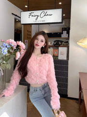 Yipinpay Cropped Cardigan Women French Style Chic Autumn Fashion Knitted Sweater Rhinestone Sexy Elegant Tops Outwear Winter