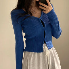 Yipinpay Cropped Cardigan Women V Neck Covered Button Solid Stretch Thin Spring Long Sleeve Knitted Tops Casual Lady Sweater