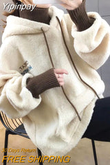 Yipinpay Faux Lamb Sweatshirt Women Loose Fake Two Piece Fashion Hoodies Fluffy Big Pocket Letter Long Sleeve Winter Female Tops