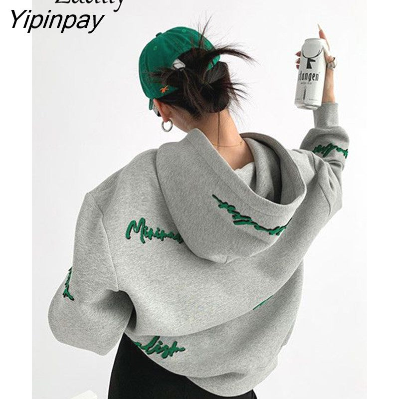 Yipinpay 2023 Winter Streetwear Oversieze Letter Embroidery Thick Hoodies Women Long Sleeve Sweatshirt Female Pullover Clothing 0406