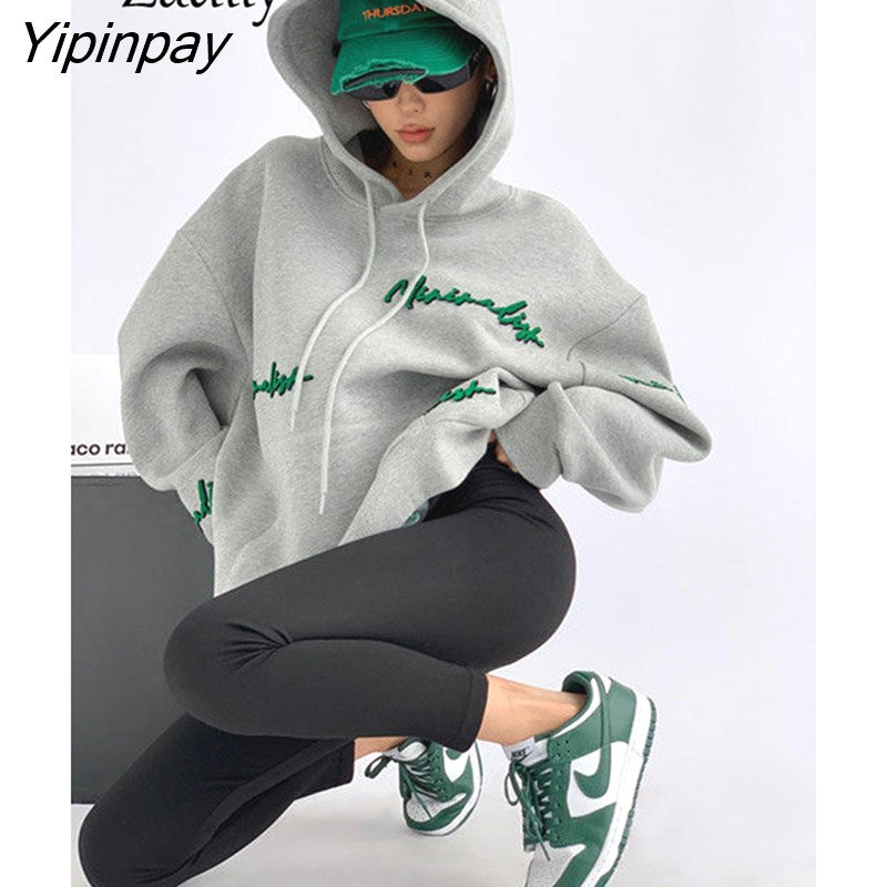 Yipinpay 2023 Winter Streetwear Oversieze Letter Embroidery Thick Hoodies Women Long Sleeve Sweatshirt Female Pullover Clothing 0406